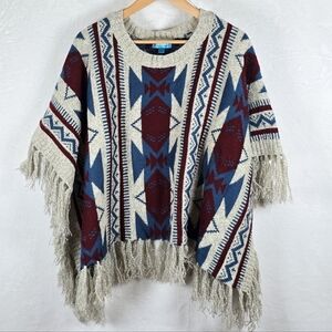 Aztec Fringe Knit Poncho Boho Artsy Sweater Western Yellowstone Style Sz. OS